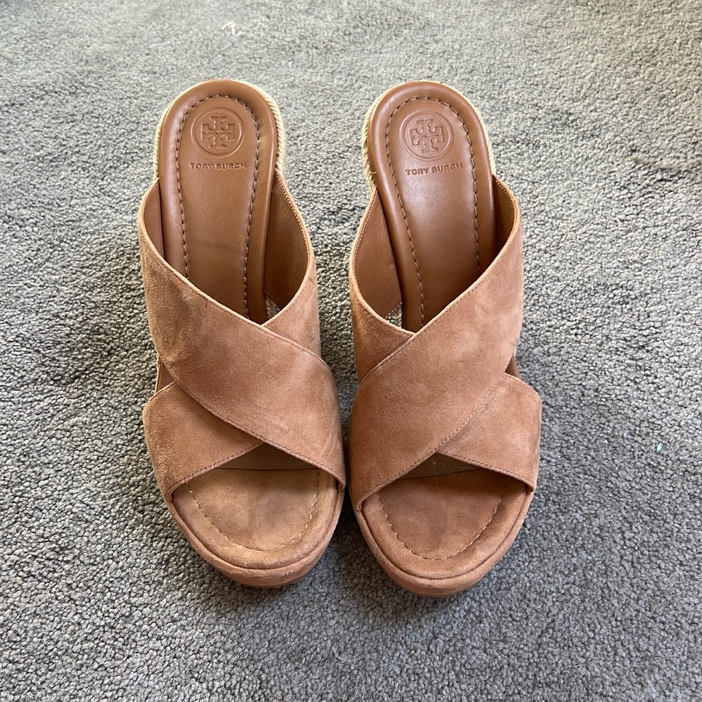 Tory Burch Tan Suede Crisscross Wedge Slides